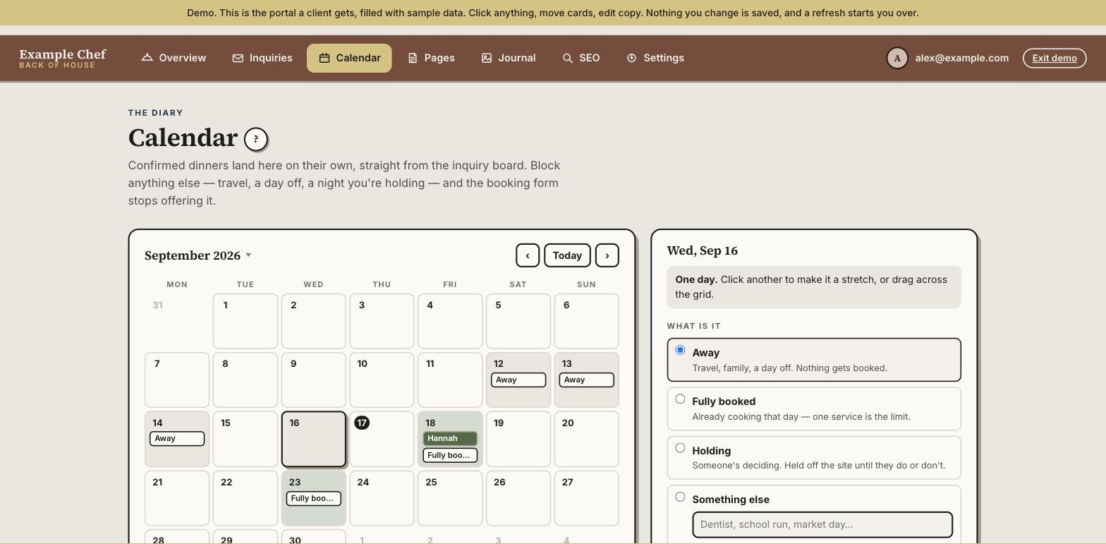 The calendar with a day selected. A side panel headed What is it offers Away, Fully booked, Holding, and Something else with a free text field