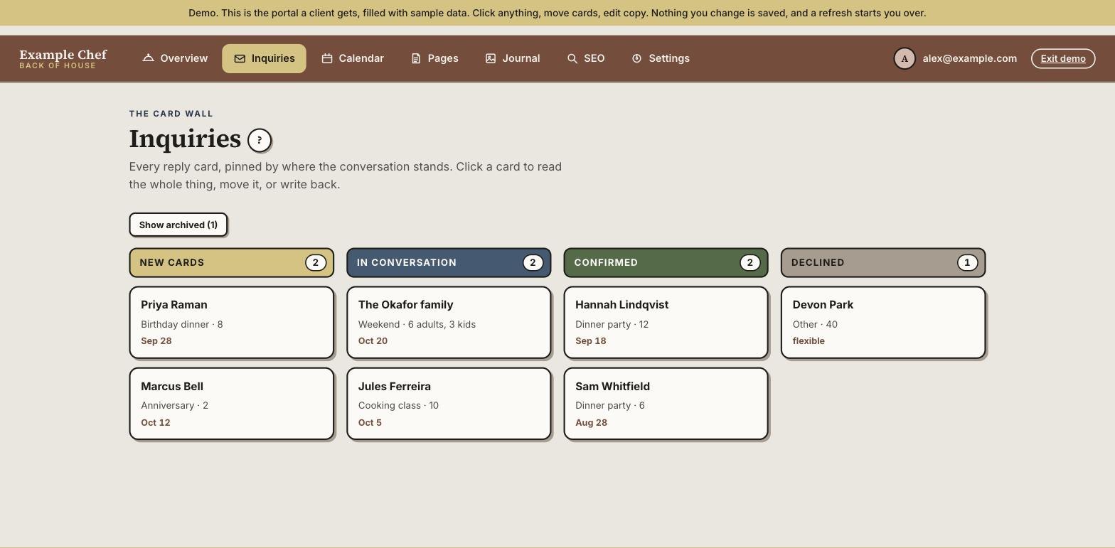 Inquiries board with four columns — new cards, in conversation, confirmed and declined — each card showing a guest name, the occasion, party size and date