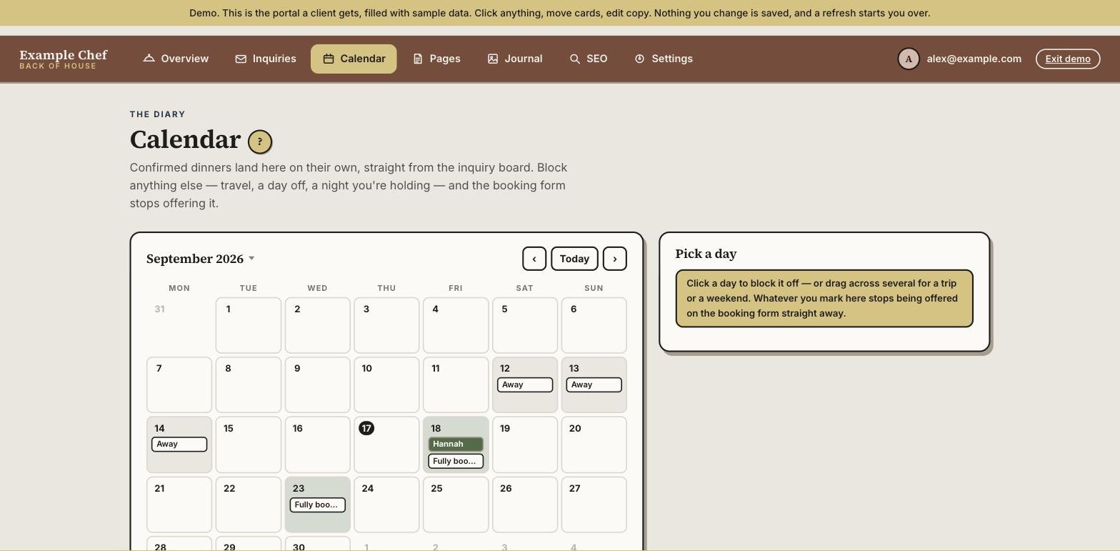 The calendar screen headed The diary, with an explanation that confirmed dinners land here on their own and blocking a day stops the booking form offering it, beside a panel headed Pick a day