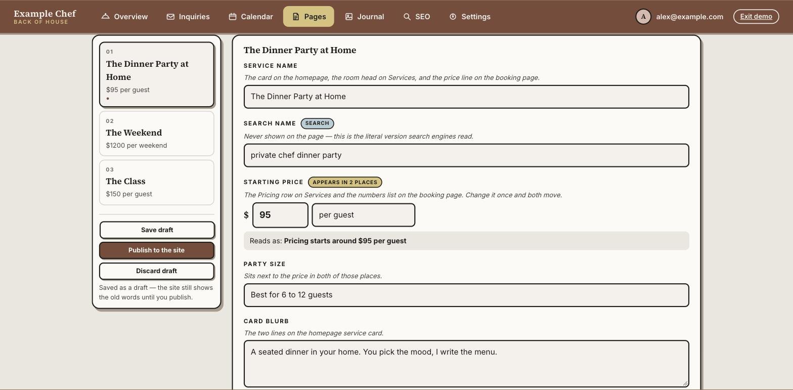 The Pages editor after an edit. The sidebar shows Save draft, Publish to the site and Discard draft, with a line reading saved as a draft, the site still shows the old words until you publish. A dot marks the edited service