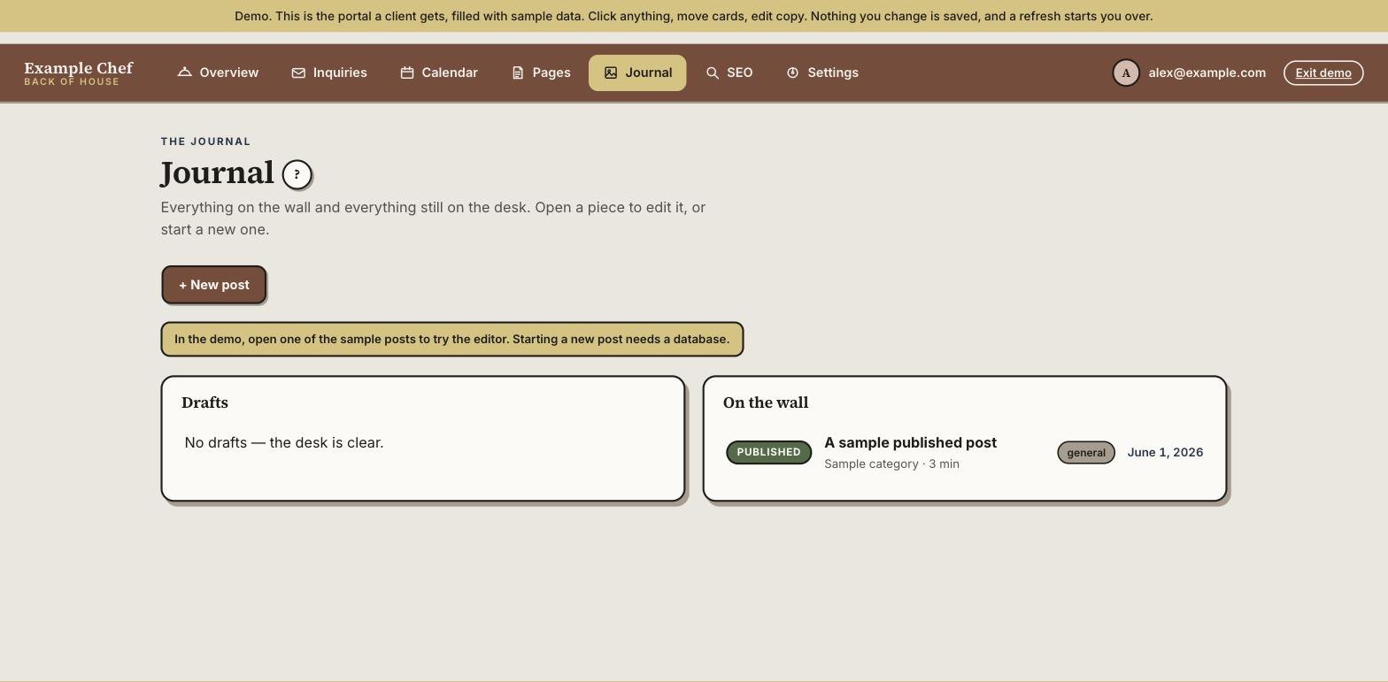 The Journal screen. A drafts panel reads no drafts, the desk is clear. Above it a notice explains that starting a new post needs a database, which the demo does not have