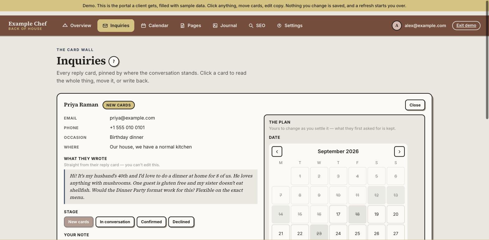 An opened inquiry card. The left column shows the guest's email, phone, occasion, venue and their message under a heading reading you can't edit this. The right column, headed The Plan, holds an editable date calendar