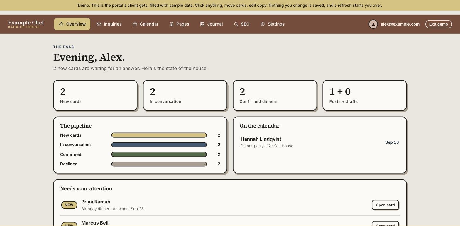 The Overview screen of the chef dashboard, headed The pass, showing counts for new cards, in conversation, confirmed dinners and posts, a pipeline breakdown and the next confirmed dinner