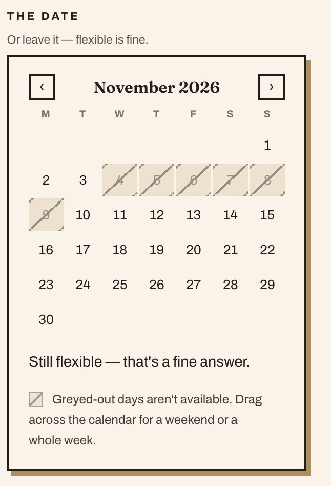 The date field on the public booking form, showing November 2026 with six consecutive days struck through and the note that greyed-out days aren't available