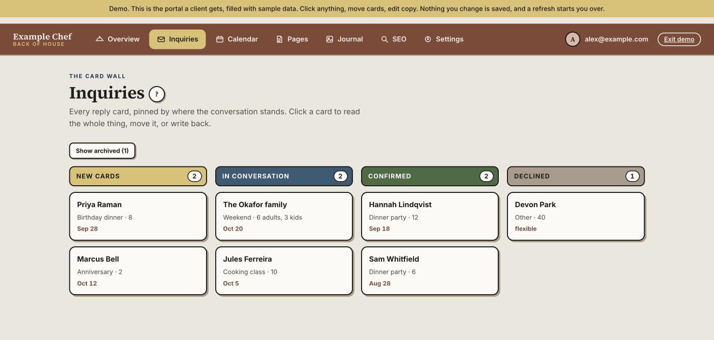 The demo chef dashboard — an inquiries card wall with four columns (new cards, in conversation, confirmed, declined), each card showing the guest's name, the occasion, party size and date