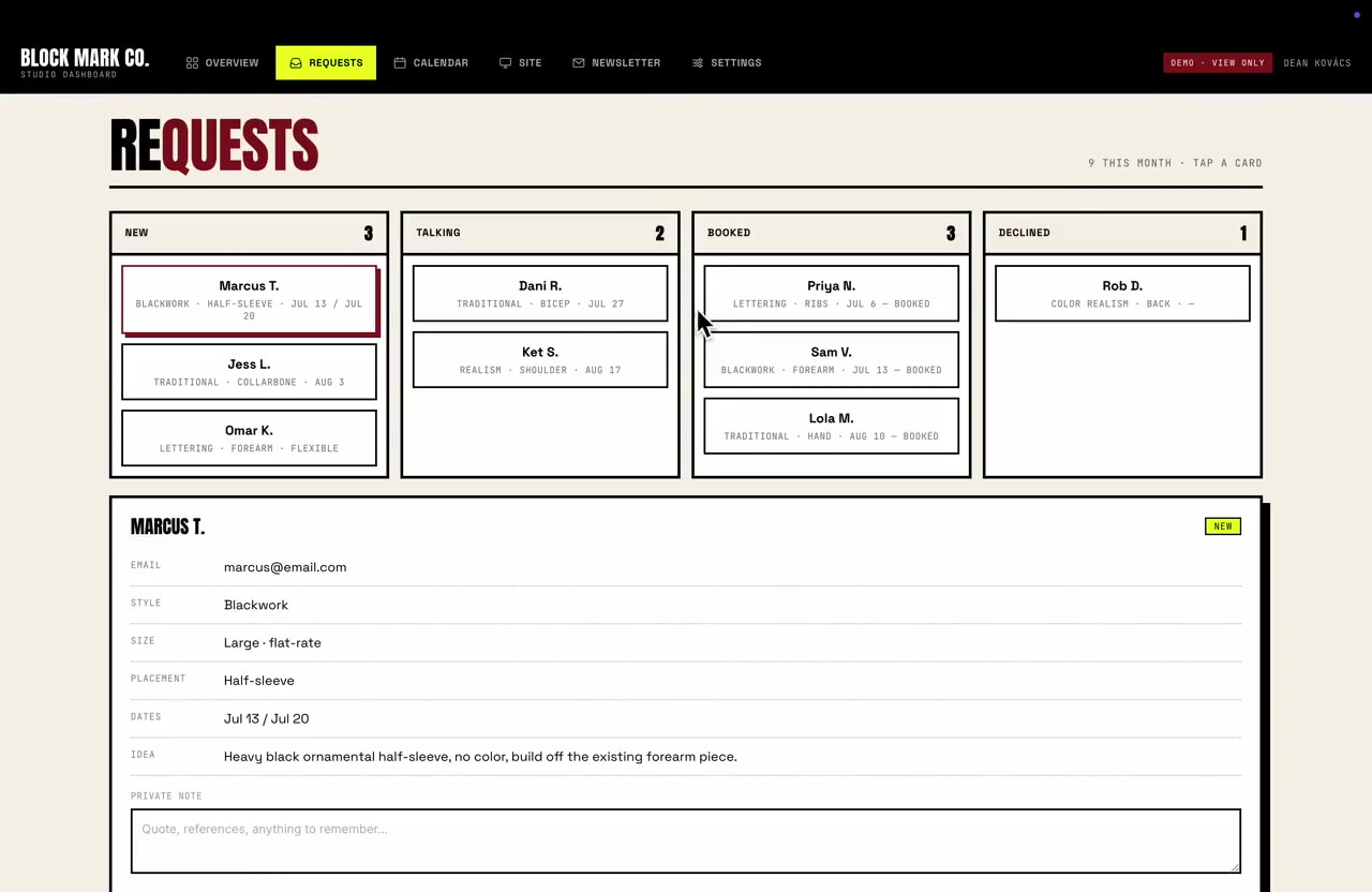 Dashboard requests screen — four columns of booking requests (new, talking, booked, declined) above an opened request showing style, size, placement, dates and the idea in the client's own words