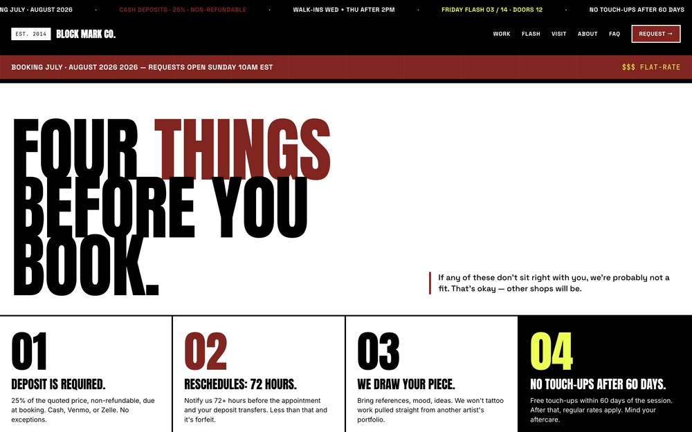 Block Mark Co. tattoo studio site — booking policies and request flow