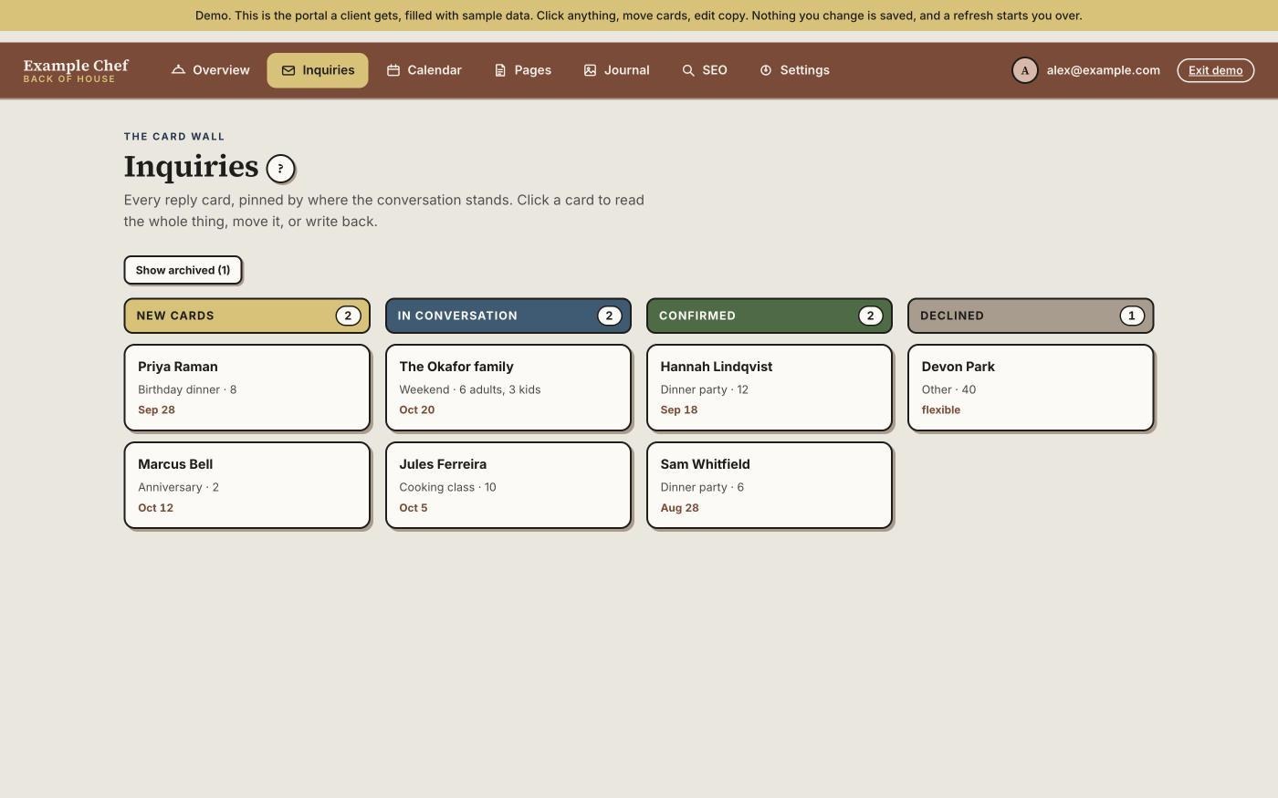 A private chef dashboard — inquiries on a card wall in four columns: new cards, in conversation, confirmed and declined, each card showing the guest, the occasion, party size and date