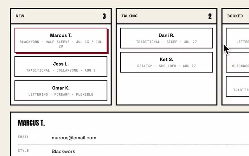 Studio dashboard showing booking requests in columns — new, talking, booked — each card with the client's name, style, placement and dates