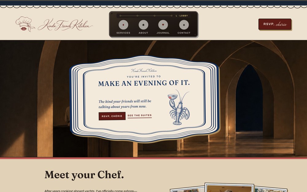 Kinda French Kitchen homepage — a private chef site with a booking inquiry flow